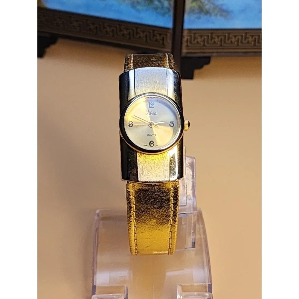 Vtg VIVIANI Gold Tone Watch With Gold Leather Band New Battery FREE $HIPPING!!